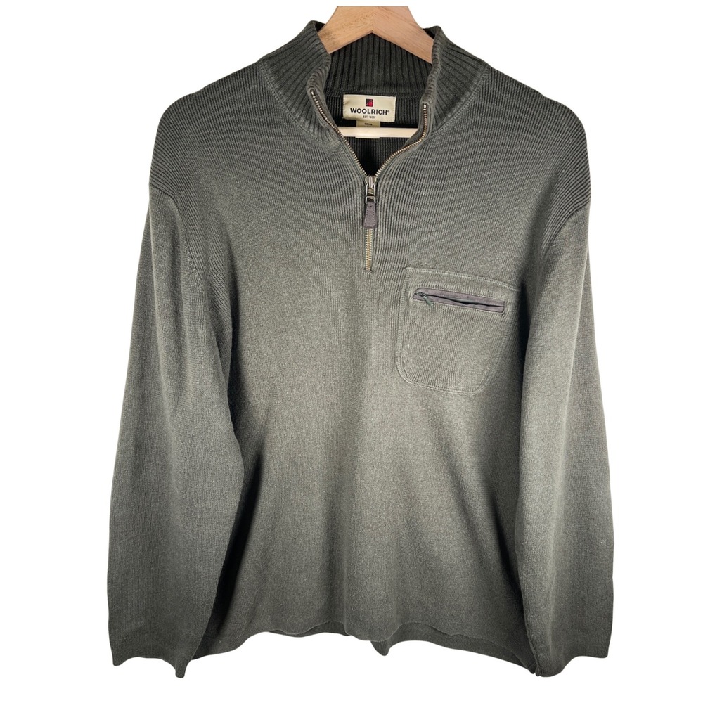 Woolrich Mens Olive‎ Green Quarter Zip Ribbed Knit Sweater Size L Elbow Patches